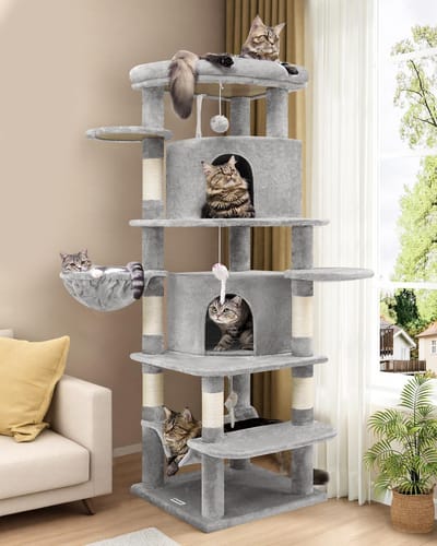 kattenboom Hoek hoog 167 cm met 2 gebogen kattenhuis, grote platform, Hangmat, Mand, Pluche katten speelgoed, krabpaal stabiele voor 3-4 volwassen katten Binnen (C66, Lichtgrijs)