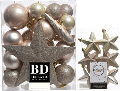 Kerstversiering kunststof kerstballen en hangers parel/champagne 5-6-8 cm pakket van 39x stuks - Met ster vorm piek van 19 cm