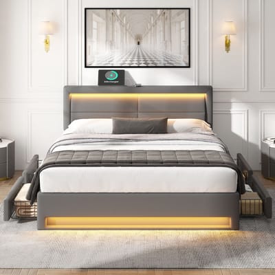 VVBV Gestoffeerd Bed 140x190 cm met LED-verlichting, 4 Lades, USB & Draadloos Opladen, PU-leer, Grijs