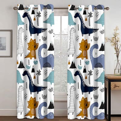 Panneaux de Rideaux Motif Dinosaure Mignon Dessin Animé 2 Panneaux pour Chambre d'Enfant Garçons et Filles Stores Fenêtre cortinas Haut à Œillets Poche pour Tringle (W50H130cm)-2pcs&Grommet Top