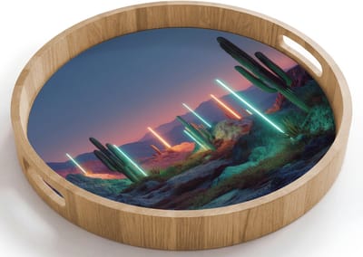 Dienblad rond 40x40 cm - Schootdienblad hout - Cactus - Lichtzuilen - Zonsondergang - Borrelplank rechthoek - Plateau houten dienbladen