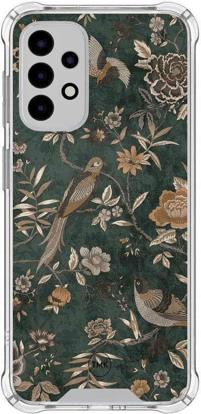 Shockproof hoesje geschikt voor Samsung Galaxy A52 5G - Khaki golden flowers - Schokbestendig - Verhoogde randen - TPU case - Extra Sterke Back Cover - Bloemen - Transparant, Groen