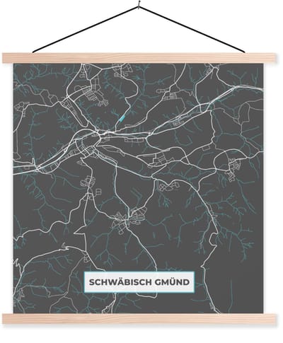Posterhanger incl. Poster 40x40 cm - Schoolplaat - Blauw – Duitsland – Plattegrond – Stadskaart – Kaart – Schwäbisch Gmünd - Textielposter - Blanke latten - Stadskaart