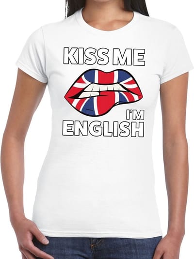 Kiss me I am English t-shirt wit dames - feest shirts dames - Engeland kleding XS
