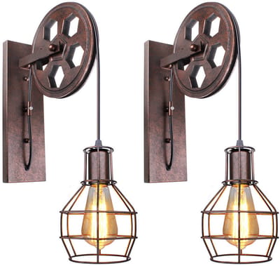 2 Stuks Vintage Wandlamp Industriële E27 Muurlamp Katrol Ontwerp voor Slaapkamer Woonkamer Hal Roest