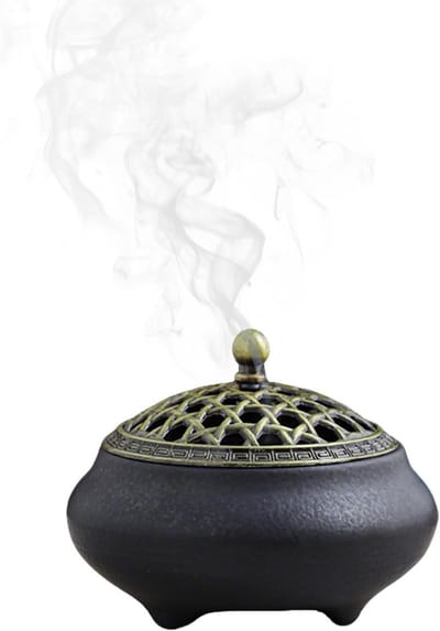 Keramische wierookbrander met metalen deksel, vuurvast rookstoofje voor meditatie en sfeervolle woonkamer- en kantoordecoratie (zwart)