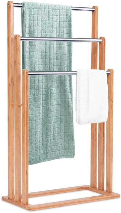 COSTWAY Handdoekenrek staand, handdoekenrek met 3 roestvrijstalen stangen, staand handdoekenrek van bamboe, badkameropberger voor bad- en handdoeken, 46 x 24 x 82,5 cm