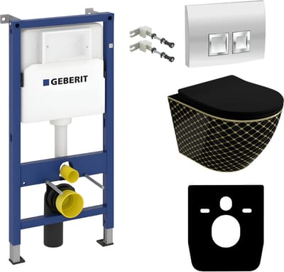 Inbouwreservoir Complete Toiletset Geberit Duofix Basic - Inbouw WC Hangtoilet Wandcloset SOFI SLIM BLACK NIGHT Zwart/Gaude - Bedieningsplaat DELTA Chroom Vierkant - Voorwandelement - Installatiesysteem