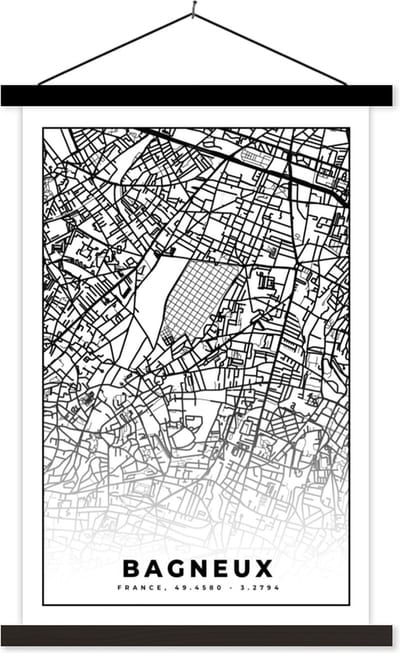 Posterhanger incl. Poster 40x60 cm - Schoolplaat - Stadskaart - Plattegrond - Kaart - Frankrijk - Bagneux - Zwart wit - Textielposter - Zwarte latten - Stadskaart