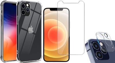 Hoesje geschikt voor iPhone 12 Pro - Transparant Siliconen Shockproof Case + Screen Protector Glas + Camera Lens Protector