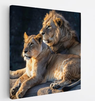 Saammp Canvas Schilderij - Leeuw en Leeuwin op steen- Dieren - Natuur - 20x20 - Foto op canvas - Wanddecoratie - Muurdecoratie Woonkamer - Slaapkamer decoratie - Canvas Print
