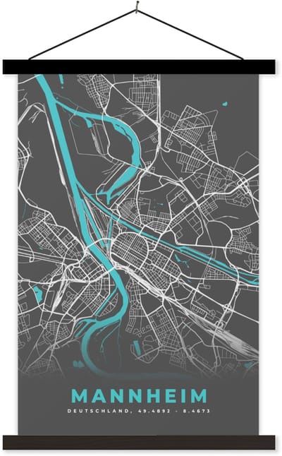 Posterhanger incl. Poster 40x60 cm - Schoolplaat - Duitsland – Blauw – Mannheim – Stadskaart – Kaart – Plattegrond - Textielposter - Zwarte latten - Stadskaart