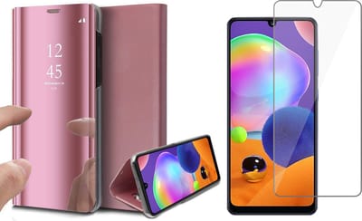 Hoesje geschikt voor Samsung Galaxy A31 - Screen Protector GlassGuard - Book Case Spiegel Roségoud & Screenprotector