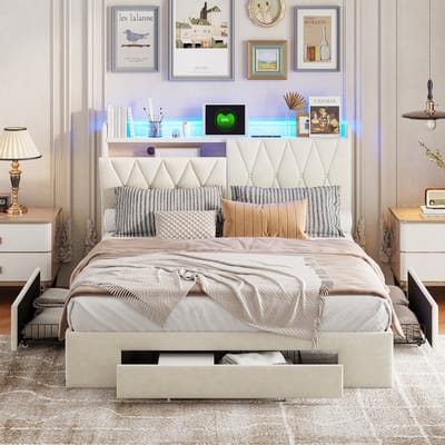 Opbergbed 160x200 met Lades & USB – Fluwelen Bedframe Beige – Bed met Stopcontact
