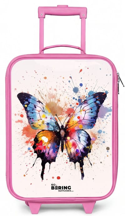 NoBoringSuitcases.com® - Kinderkoffer roze - Kindertrolley meisje - Vlinderexplosie - Koffer kind lichtgewicht - Reiskoffer trolley voor kinderen - Koffertje met lichtgevende wieltjes - Rolkoffer