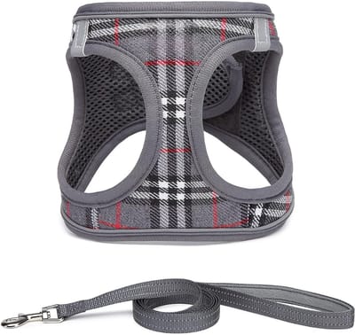 Famanu – Hondentuig Kleine honden met riem - anti-trektuig Reflecterend ademend borsttuig - puppytuig voor kleine - middelgrote honden (S - Grijs geruit)