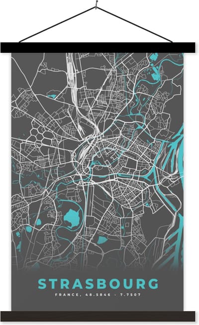 Posterhanger incl. Poster 40x60 cm - Schoolplaat - Strasbourg - Frankrijk - Plattegrond - Kaart - Stadskaart - Textielposter - Zwarte latten - Stadskaart
