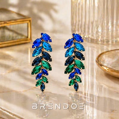 Brendoe Goudkleurige Statement Oorbellen Dames – Blauwe en Groene Strass Blad Oorbellen – Luxe Drop Earrings voor Feest en Party