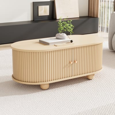 STILVORA Salontafel - Ovaal Met Opbergruimte En Schuifdeuren - Verticale Geribbelde Deuren 180° Open - Voor Kleine Woonkamers - MDF - 100x50x40 Cm - Houtkleur