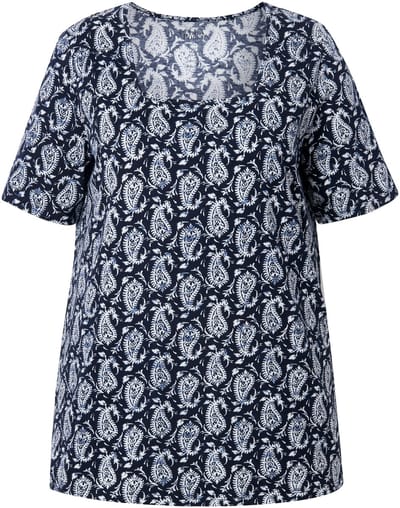 Ulla Popken - Dames - T-shirt met patroon A-lijn carré-halslijn halve mouwen - Marine - Maat 42+