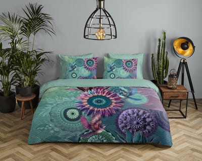 HIP dekbedovertrek madalas met planten en vogels - 1 persoons 140x200/220 cm - Mint - 100% Katoen satijn