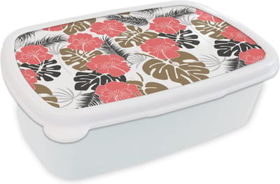 Broodtrommel Wit - Lunchbox - Brooddoos - Exotische planten - Patronen - Hawaii - 18x12x6 cm - Volwassenen