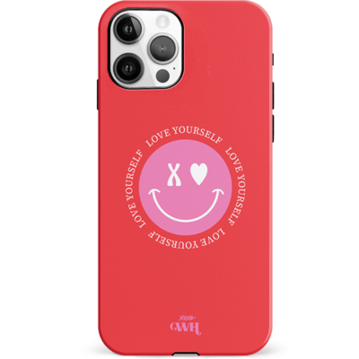 xoxo Wildhearts Love Yourself Red - Double Layer - Rood hoesje geschikt voor Apple iPhone 12 Pro Max - Hoesje met smiley emoji - Hardcase case geschikt voor iPhone 12 Pro Max - Smiley case - rood