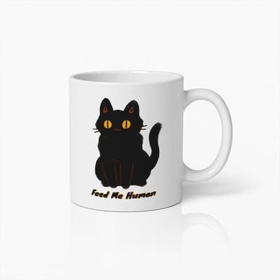 Zwarte Kat Cartoon Mok met 'Feed Me Human' Tekst – Schattige Keramische Koffiebeker voor Kattenliefhebbers