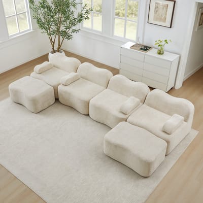 Modulaire U-Bank 4-Zits - FrameLoze Bank Met 2 Poefs - Golvend Ontwerp - 32D Schuim - Fluweel Beige - Diepe Zit - Verplaatsbare Armleuningen