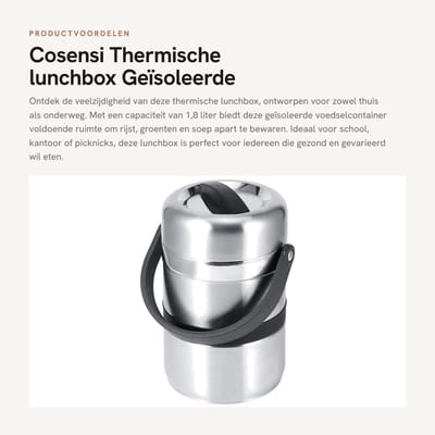 Dailygoods- Thermische Container 1,8 L - Roestvrij Staal - Geïsoleerde Voedselcontainer - Lunchbox met Siliconenafdichting - Meerlaagse Lunchbox - Handvat met Sterk Draagvermogen