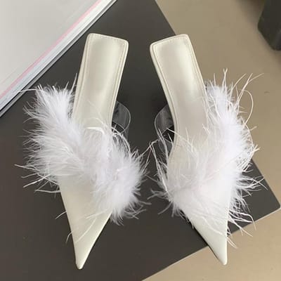 Liyke Fashion Lage Dunne Hakken Muilezels Pantoffels Voor Dames Pvc Transparante Schoenen Paars Pluizige Veer Zomer Slides Sandalen 35 wit