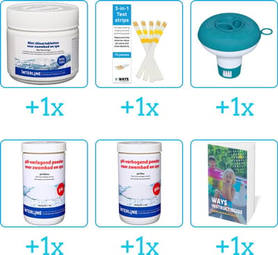 Zwembad Onderhoudspakket - Onderhoud Zwembad - bevat Chloor - Testrips - Chloordrijver - PH-min - PH-plus en Zwembadgids (6-delig)