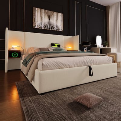 Gutent-Gestoffeerd tweepersoonsbed 180x200 cm met nachtkastje-bedframe met opbergruimte en lattenbodem-beige-linnen (matras niet inbegrepen)