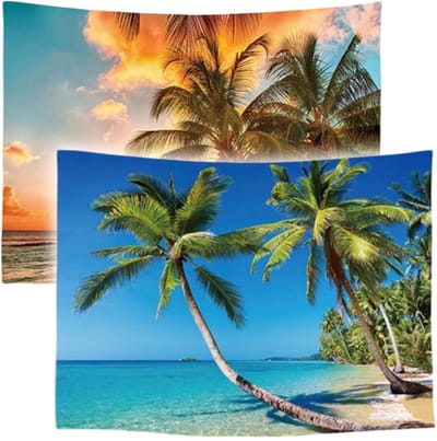 Ulticool – Wandkleed - Strand Natuur Zee Eiland Palmboom Zonsondergang – Set van 2 designs - 73 cm x 95 cm – Schilderij Wandtapijt Stof – Poster Art – Oranje Groen Blauw