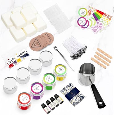 Compleet Kaarsen Maak Set voor Beginners & Volwassenen – 480g Natuurlijke Sojawas, Smeltpot, Lonten, Geurolie & Kleurstof – DIY Geurkaarsen Kit met Blikjes, Stickers & Instructiehandleiding