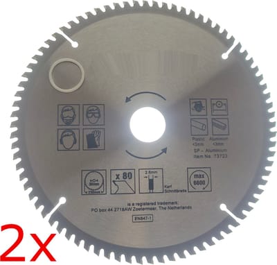 2X TCT 80 tands Aluminium en kunststof Cirkelzaagblad Ø 230x2.4 x Ø 30/25mm Carbide tanden incl verloopring