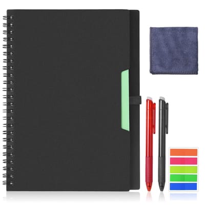 Smart Herbruikbaar Notebook A5, Gebonden Notebook met 2 Frixion Pennen, Zelfklevende Notities Vlaggen en Vegen, Gelinieerd Notitieboek voor Snelle Schets, Cloud Opslag en Hergebruik Zwart