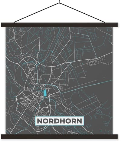 Posterhanger incl. Poster 40x40 cm - Schoolplaat - Blauw – Duitsland – Plattegrond – Stadskaart – Kaart – Nordhorn - Textielposter - Zwarte latten - Stadskaart