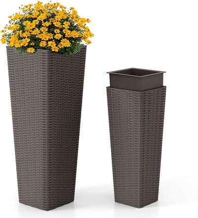 COSTWAY Plantenbakken met binnenpot, 82 cm / 60 cm hoog, stapelbaar, bloempotten met afwateringsgaten, plantenbak voor tuin, terras, achtertuin, balkon, 2 stuks, bruin