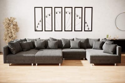 hoekbank denver xxl- corduroy donkergrijs- met 1 poef (hocker) - hoeksalon denver wooneiland- zetelsenbedden