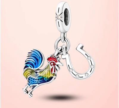 Fler® | Bedel | Past op populaire bedel armbanden (standaard-3mm) | armbandbedel | Haan & hoefijzer voor geluk Bedel | Kerstcadeau Charm | 925 zilver | Symbool Frankrijk Charm | Emaille | Verjaardagscadeau, Moederdag Geschenk | Valentijn kado