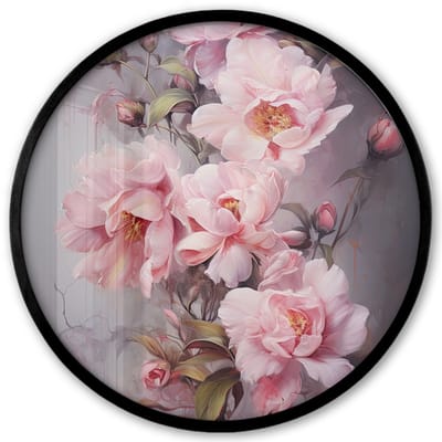 Poster in lijst Rond - Fotolijst 40x40 cm - Posters - Rozen - Bloemen - Roze - Kunst - Watercolor - Ronde posterlijst zwart - Decoratie - Wanddecoratie woonkamer - Muurdecoratie slaapkamer
