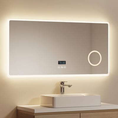 EMKE Badkamerspiegel - Anti Condens - Bluetooth Speaker - Tijd & Temp. - 3 Lichtkleuren Dimbaar - 3x Vergroting - 100x60 cm