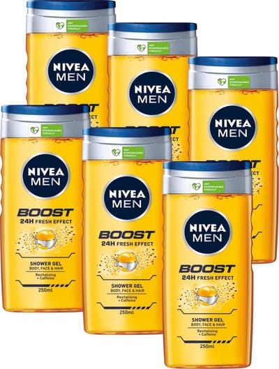NIVEA MEN Boost Douchegel - 3-in-1 Shower Gel - met Revitaliserend Cafeïne - Shampoo - Voordeelverpakking - 6 x 250 ml