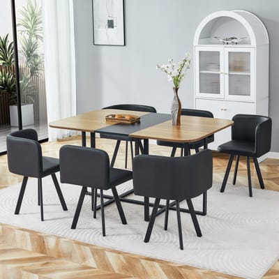 OKWISH Eethoek Set - Uitschuifbare Eettafel Met Stoelen - Voor 4 Tot 6 Personen - MDF En Metaal Met PU - Zwart Houtkleur