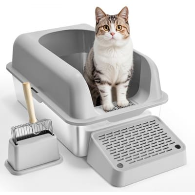 VEVOR kattenbak, 15 cm diep, extra grote kattenbak van roestvrij staal met schepje, brede filterbodem en hoge zijkanten, gesloten, geurloos, gemakkelijk schoon te maken kattenbak, geschikt voor grote katten