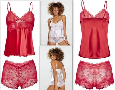 Satijnen shortama met doorzichtig kanten broekje -Verleidelijke kanten pyjama - Prachtige lingerie set - DKaren Nevada - rood S