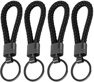 Dailygoods- Sleutelhanger 4 Stuks - Gevlochten Leer/Metaal - Duurzaam - Eenvoudig/Modieus - Zwart - 12,2 x 3,7 cm - Sleutelring