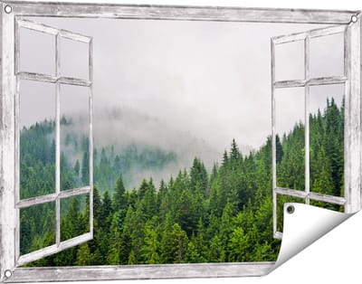 Gards Tuinposter Doorkijk Groen Bos met Bomen tijdens de Mist - 90x60 cm - Tuindoek - Tuindecoratie - Wanddecoratie buiten - Tuinschilderij