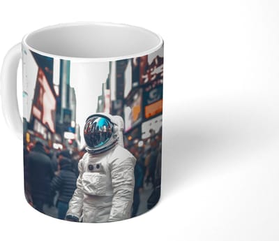 Mok - Koffiemok - Stad - Mensen - Astronaut - Wit - Mokken - 350 ML - Beker - Koffiemokken - Theemok